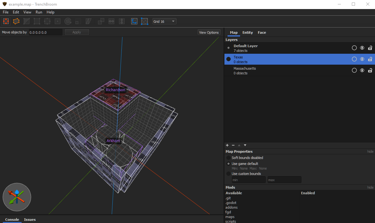 TrenchBroom screenshot depicting 2 layers named Texas and Massachusetts and 2 groups of brush entities named Richardson and Arkham.